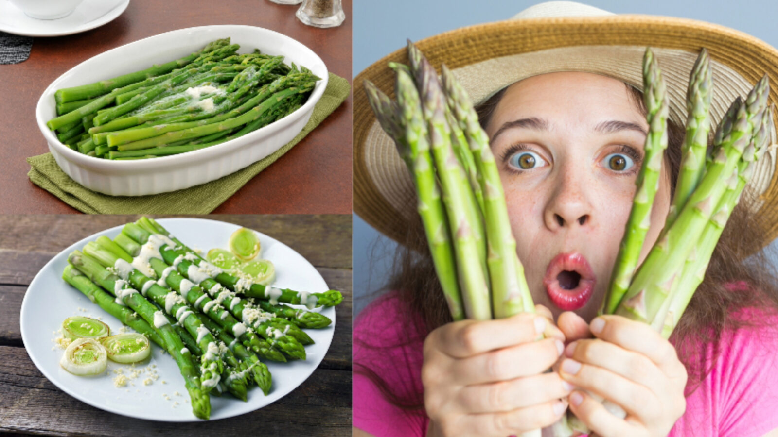 Mujer frustrada sujeta espárragos representando la frustración de ser vegano y comiendo fuera en restaurantes típicos.
