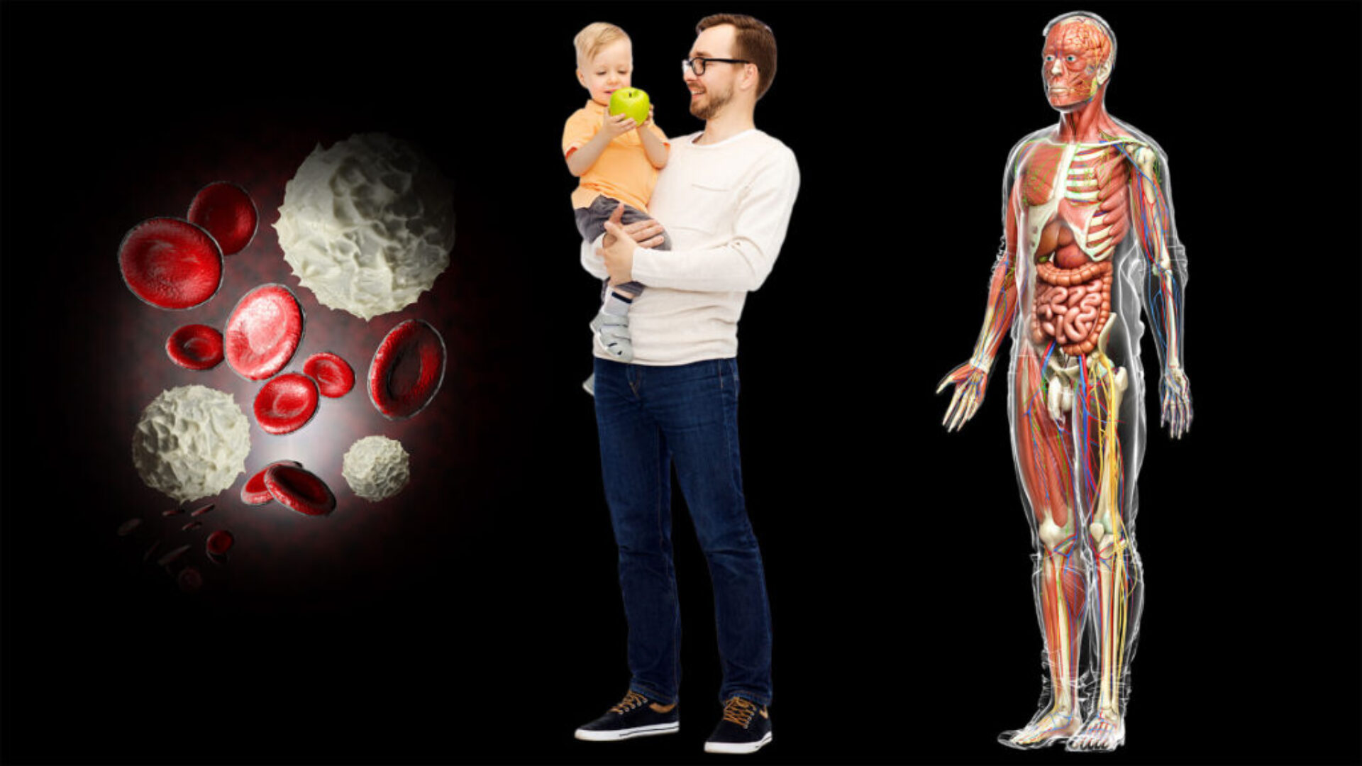 A man holding a baby in front of an image of the human body.