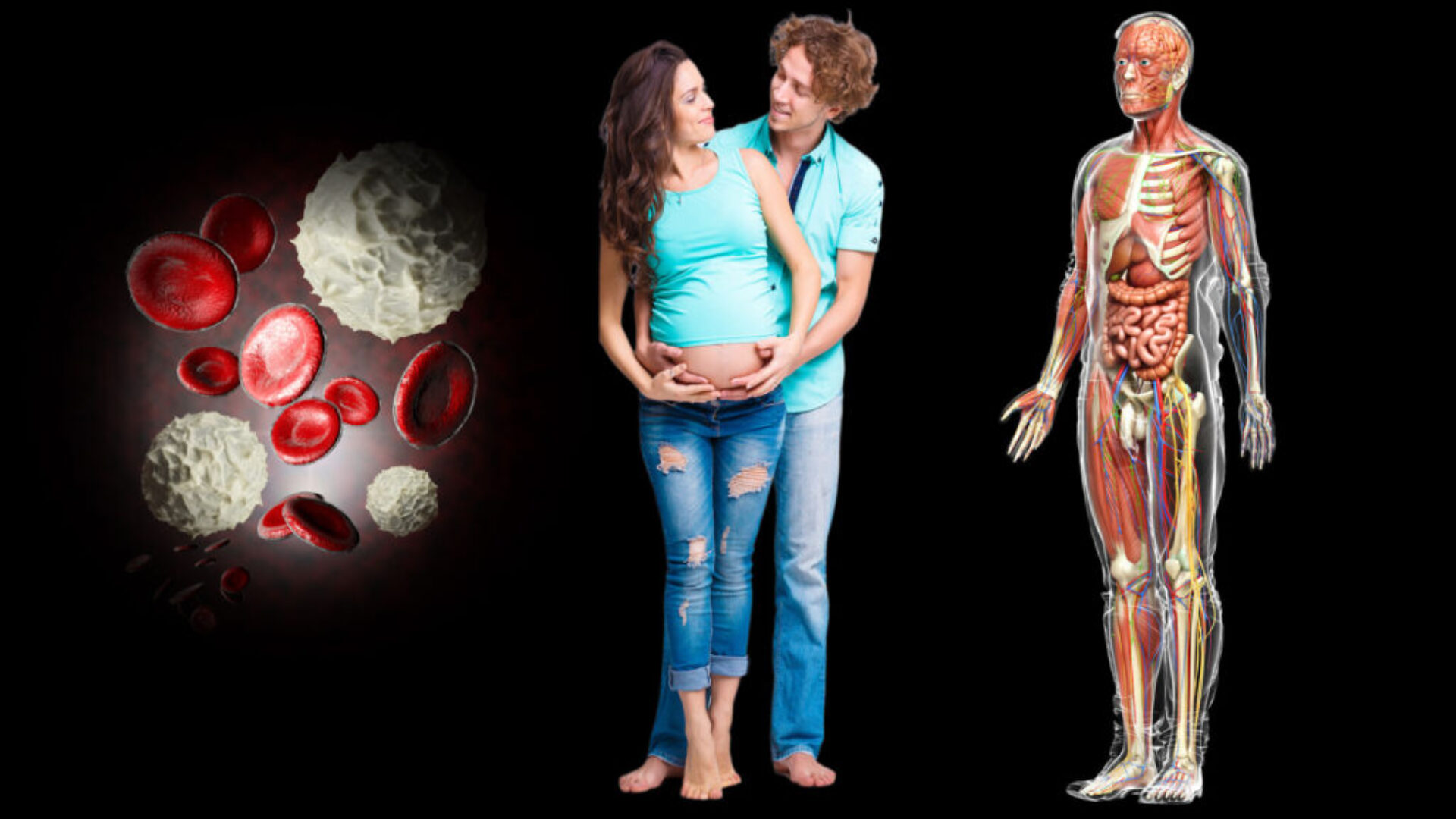 A collage of three pictures with the image of a pregnant woman and her husband.
