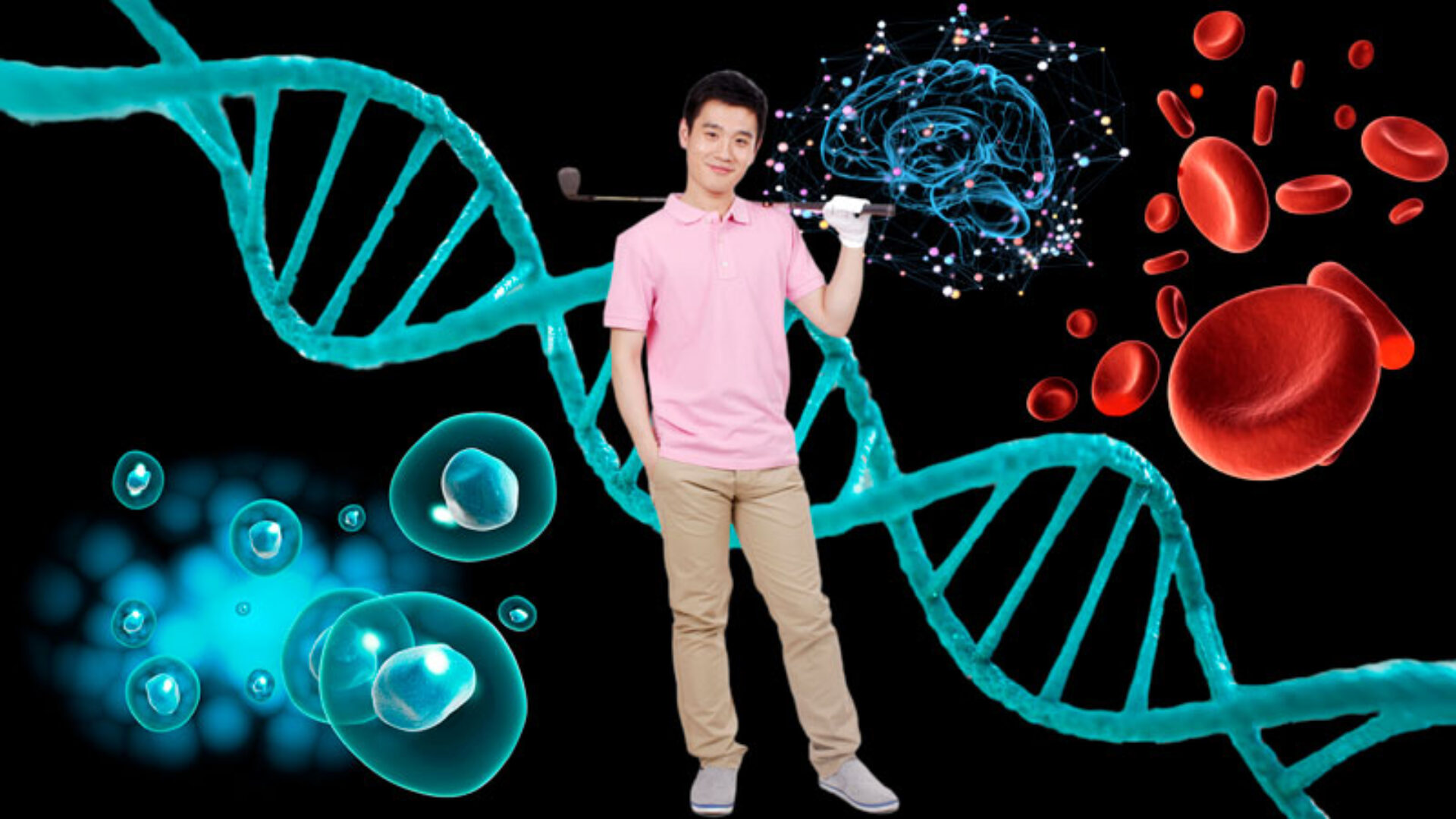 A man holding a golf club in front of dna.