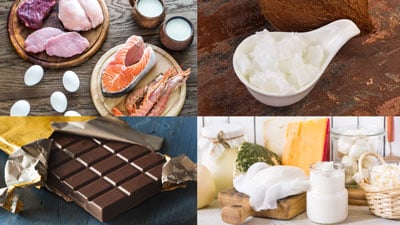 Carne y huevos, aceite de coco, productos lacteos y chocolate como fuentes de grasas saturadas.