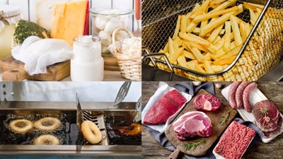 Productos lacteos, papas fritas, donas y carne roja como fuentes de grasas trans.