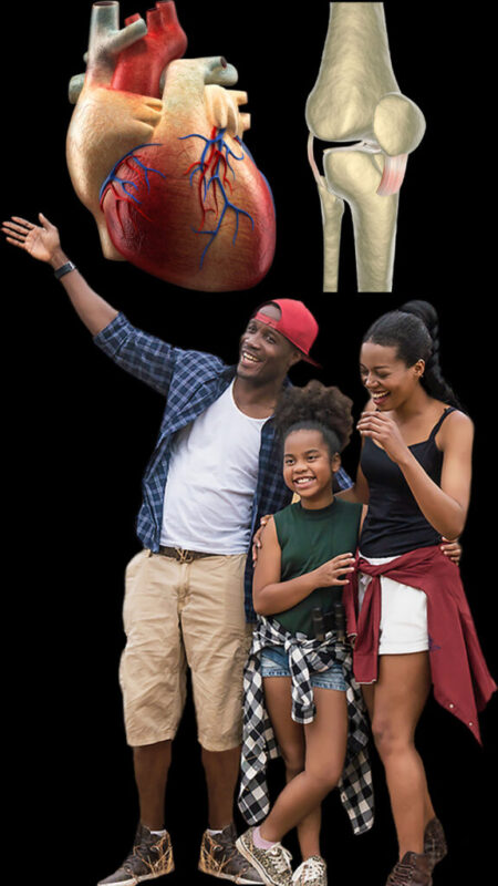 Be NutriSavvy A family posing for the camera with an image of a heart in the background.