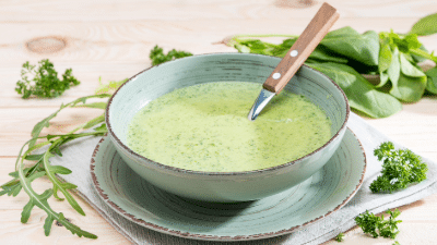 Sopa de hojas verdes hecha con espinacas, rúcula y perejil.