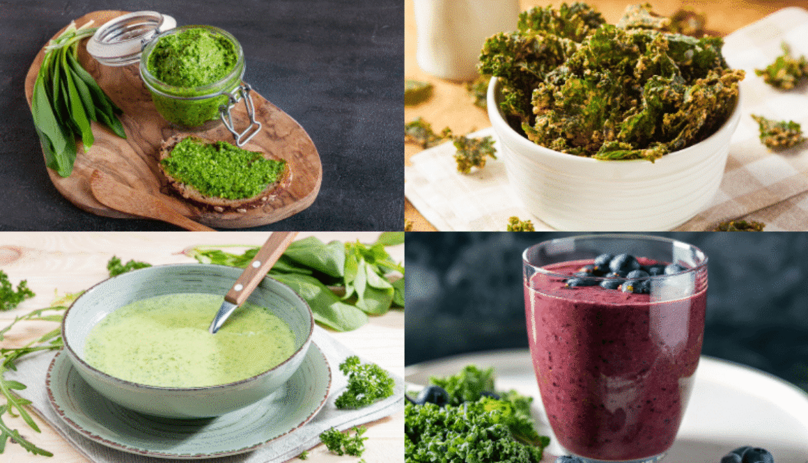 4 maneras de disfrutas hojas verdes: pesto, chips de kale, sopa verde y en batidos.
