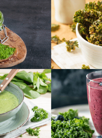 4 maneras de disfrutas hojas verdes: pesto, chips de kale, sopa verde y en batidos.