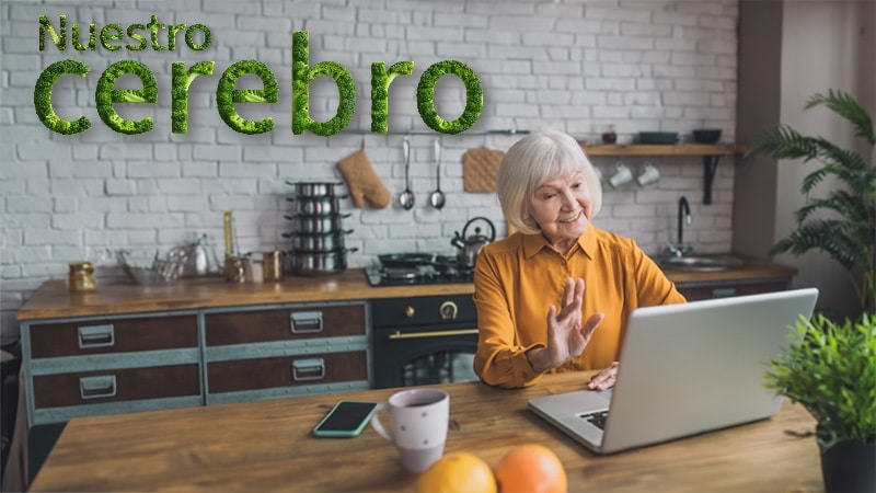 Mujer mayor de edad en una videollamada en su laptop con las palabras nuestro cerebro escritas con brocoli representando los nutrientes y alimentos que benefician al cerebro.
