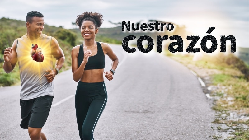Una pareja joven corre para cuidar la salud de su corazón con las palabras "Nuestro corazón" escritas con frijoles negros, que representan sus mejores alimentos y nutrientes.