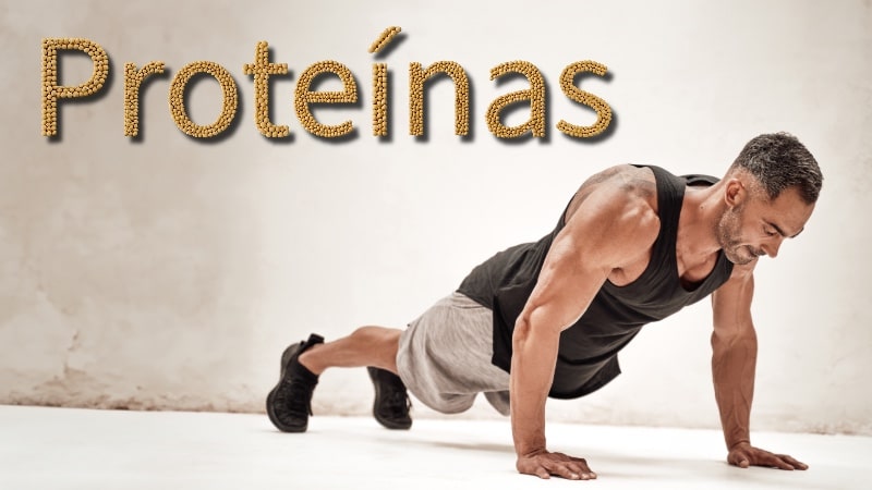 Beneficios y fuentes vegetales de las proteínas y los 9 amino ácidos esenciales, representados por un hombre musculoso haciendo ejercicio y la palabra proteínas escrita con soya o soja.