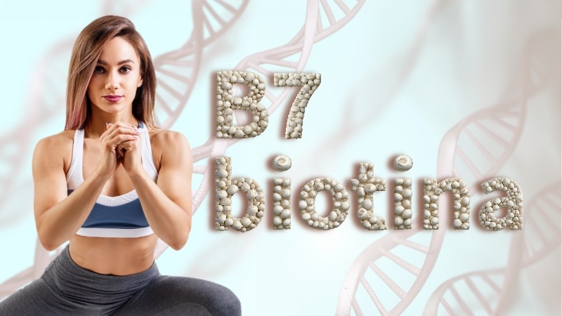 Una mujer hace ejercicio mientras leemos las palabras B7 o biotina hechas con champiñones, una de sus fuentes alimenticias más ricas.